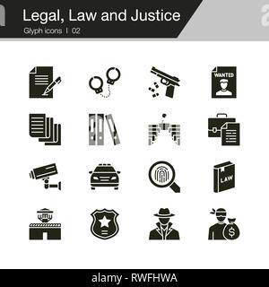 Legal, Law and Justice icons. Glyph design. For presentation, graphic design, mobile application, web design, infographics, UI. Vector illustration. Stock Vector