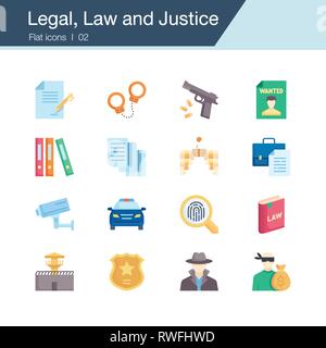 Legal, Law and Justice icons. Flat design. For presentation, graphic design, mobile application, web design, infographics, UI. Vector illustration. Stock Vector