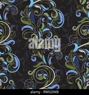 Symmetric seamless blue and green pattern. Decorative background in Baroque style. The rich decor of the shapes and lines for design of cloth or paper Stock Vector