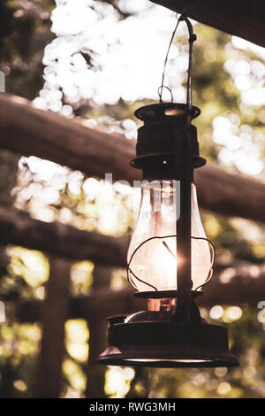Camping lantern hanging from roof Stock Photo