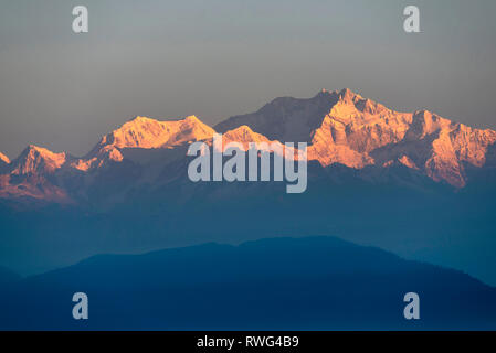 First rays over Kanchenjunga Peak, India. Stock Photo