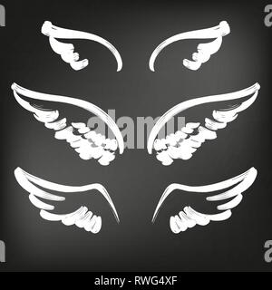 Angel wings icon sketch collection, abstract wings sketch set icon collection cartoonhand drawn vector illustration sketch, drawn in chalk on a black Stock Vector