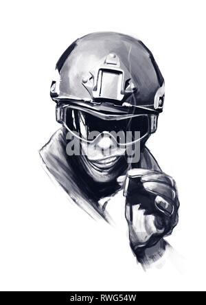 Funny hand drawn cartoon illustration of a spec ops police officer SWAT with cigarette, isolated on white background. Stock Photo