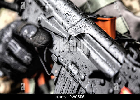 Close-up shot of Kalashnikov rifle. Stock Photo