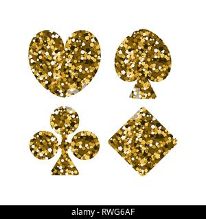 Playing card suit icon. Golden spangle. Hearts, Tiles Diamonds , Clovers Clubs , Pikes Spades . Vector illustration Stock Vector