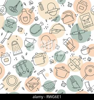 An original seamless pattern on the kitchen theme with a variety of kitchen items. Stock Vector