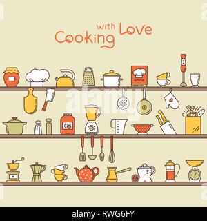 Seamless horizontal pattern with kitchen shelves full of various kitchen items and tools from colorful icons made in a flat style. Stock Vector