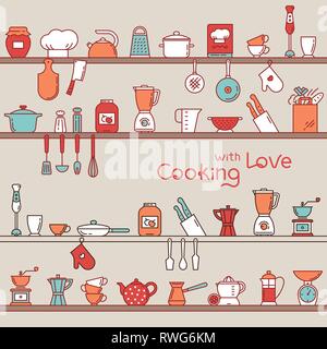 Seamless horizontal pattern with kitchen shelves full of various kitchen items and tools. Stock Vector