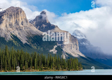 8 SEPTEMBER 2016, JASPER NATIONAL PARK, ALBERTA, CANADA: A scenic view of Maligne Lake on a beautiful late summer day. Stock Photo