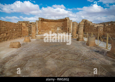 MAMSHIT, ISRAEL / APRIL 10, 2018:  This ancient church, with its impressive floor mosaics, in Israel's Negev desert was abandoned after the Muslim con Stock Photo