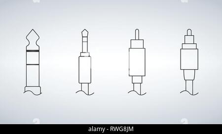 Flat design data, video and audio data cable connectors. vector design element set. 6,35 mm and 3,5 mm Headphone output, RCA analogue, optical output Stock Vector