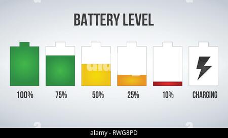 Indicator of battery level charger from empty to full charged set in color and black Stock Vector