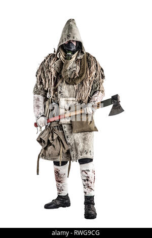 Post apocalypse survivor in gas mask and ragged clothes beckoning with axe in hand. Stock Photo