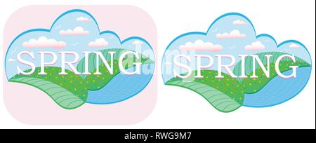 spring illustration with abstract sky with flowers and lake Stock Vector