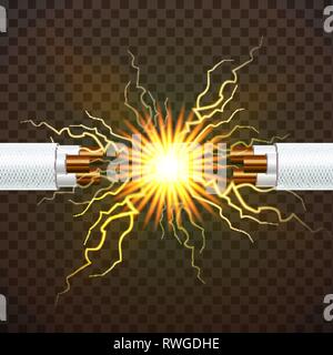 Electric Break Cable Vector. Electrician Rubber Cord. Copper Wire. Circuit Sparks. 3D Realistic Isolated Illustration Stock Vector