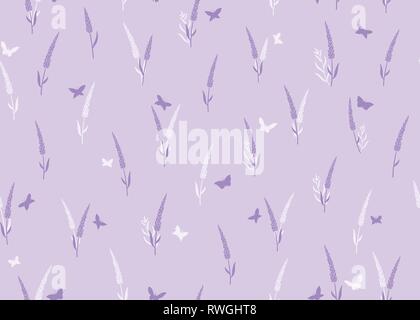 Lavender flowers with butterflies seamless pattern. Vector illustration on purple background. For textile, web, print, surface design Stock Vector