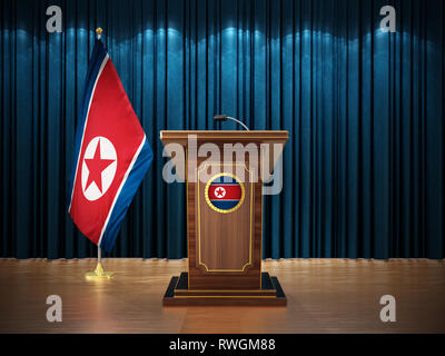 Press conference with flags of North Korea and lectern against the blue curtain. 3D illustration. Stock Photo