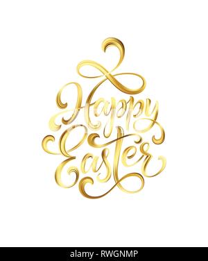 Happy Easter gold paint lettering. Hand drawn calligraphy and brush pen design for holiday greeting card and invitation. Vector illustration Stock Vector