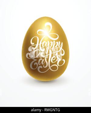 Happy Easter lettering on the golden egg background. Hand drawn calligraphy and brush pen design for holiday greeting card and invitation Stock Vector