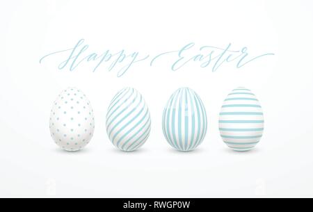 Happy Easter Egg lettering on the background with white and blue egg. Vector illustration Stock Vector