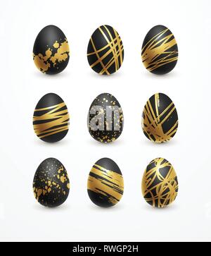 Happy Easter realistic black and golden shine decorated eggs set. Vector illustration Stock Vector