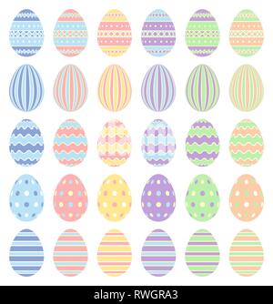 Happy Easter. Pastel collection of Easter eggs with different pattern isolated on a white background. Stock Vector