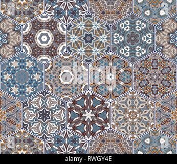Seamless hexagonal mosaic tiles in vector set. Oriental and ethnic motifs in design patterns. Stock Vector