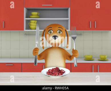 Cartoon dog with bowl of meat holds a knife and fork. 3d render Stock Photo