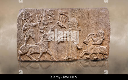 Aslantepe Hittite relief sculpted orthostat stone panel. Limestone, Aslantepe, Malatya, 1200-700 B.C. Anatolian Civilisations Museum, Ankara, Turkey.  Stock Photo