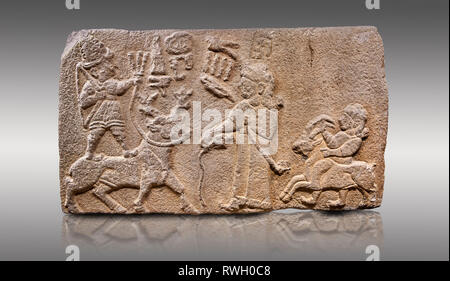 Aslantepe Hittite relief sculpted orthostat stone panel. Limestone, Aslantepe, Malatya, 1200-700 B.C. Anatolian Civilisations Museum, Ankara, Turkey.  Stock Photo