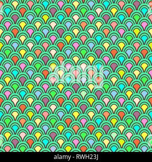 Multicolor fish scales seamless pattern, graphic ornament, animalistic ornament, rainbow illustration, vector background. Colorful bright round scales Stock Vector