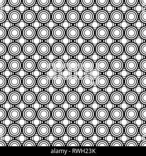 Abstract circles, geometric seamless pattern, round tile, black and white illustration, geometry ball texture, monochrome ornament, vector background. Stock Vector