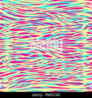 Chaotic uneven stripes abstract seamless pattern, zebra print, animalistic ornament, stylized modern illustration. Colorful bright yellow turquoise pi Stock Vector