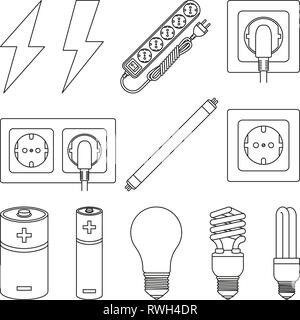 12 line art black and white electric elements set Stock Vector