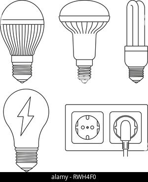 5 line art black and white electric elements set Stock Vector