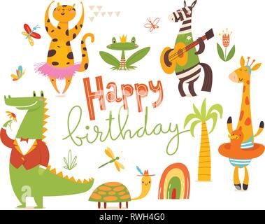 Happy birthday card. Big set of cartoon wild animals.  Stock Vector