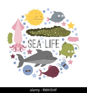 Vector. Set of sea life animals. Flat style Stock Vector