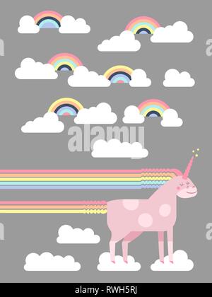 Cute vector unicorn in flat style. Unicorn horse with rainbow mane and tail for your design, fabric, textile, wallpaper, greeting and motivate postcar Stock Vector