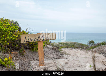 Almost there sign on a beach road close to a lookout point in the De Hoop nature reserve, South Africa Stock Photo