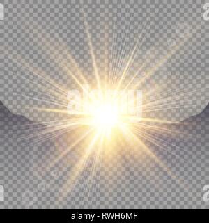 Sunrise over the mountains, dawn. Vector transparent sunlight. Special lens flare light effect. Stock Vector