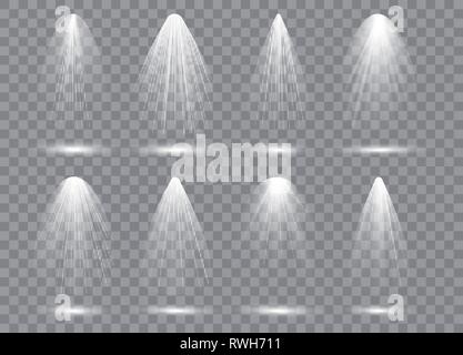 Scene illumination collection, transparent effects. Bright lighting with spotlights. Vector illustration. Stock Vector