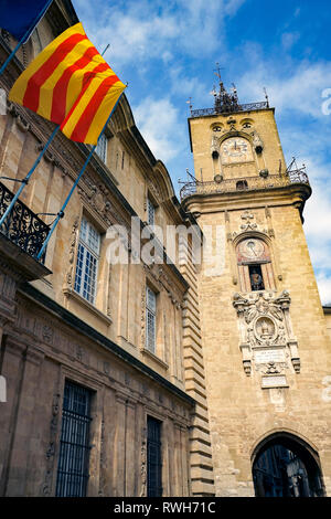 Bouches-du-Rhone (13). Aix en Provence. Facade of the Town Hall and its belfry, Clock tower Stock Photo