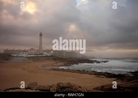 City of Leca da Palmeira in Portugal seeing lighthouse and the beach; early morning light Stock Photo