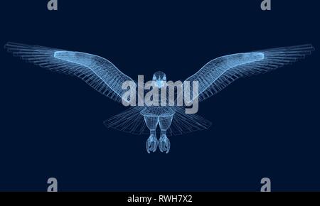 Wireframe of an eagle has spread its wings. 3D. Polygonal eagle of blue lines on a dark background. Vector illustration Stock Vector