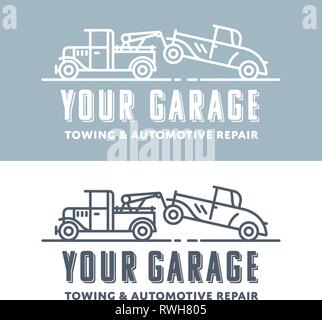 Retro garage vector logo template with vintage tow truck and towed car Stock Vector