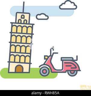 Vintage pink scooter and Leaning tower of Pisa filled line icon vector illustration Stock Vector