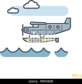 Seaplane in flight over water filled line icon vector illustration Stock Vector