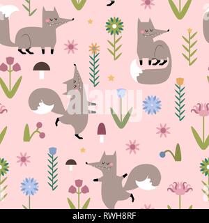Hand drawn vector pattern with foxes in flat style. Beautiful seamless pattern with foxes, flowers, mushrooms, berries for your design. Stock Vector