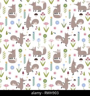 Hand drawn vector pattern with foxes in flat style. Beautiful seamless pattern with foxes, flowers, mushrooms, berries for your design. Stock Vector
