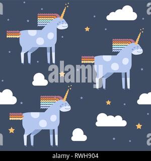 Vector seamless pattern with cute unicorn in flat style. Unicorn with rainbow mane and tail with clouds and stars for infant design. Stock Vector